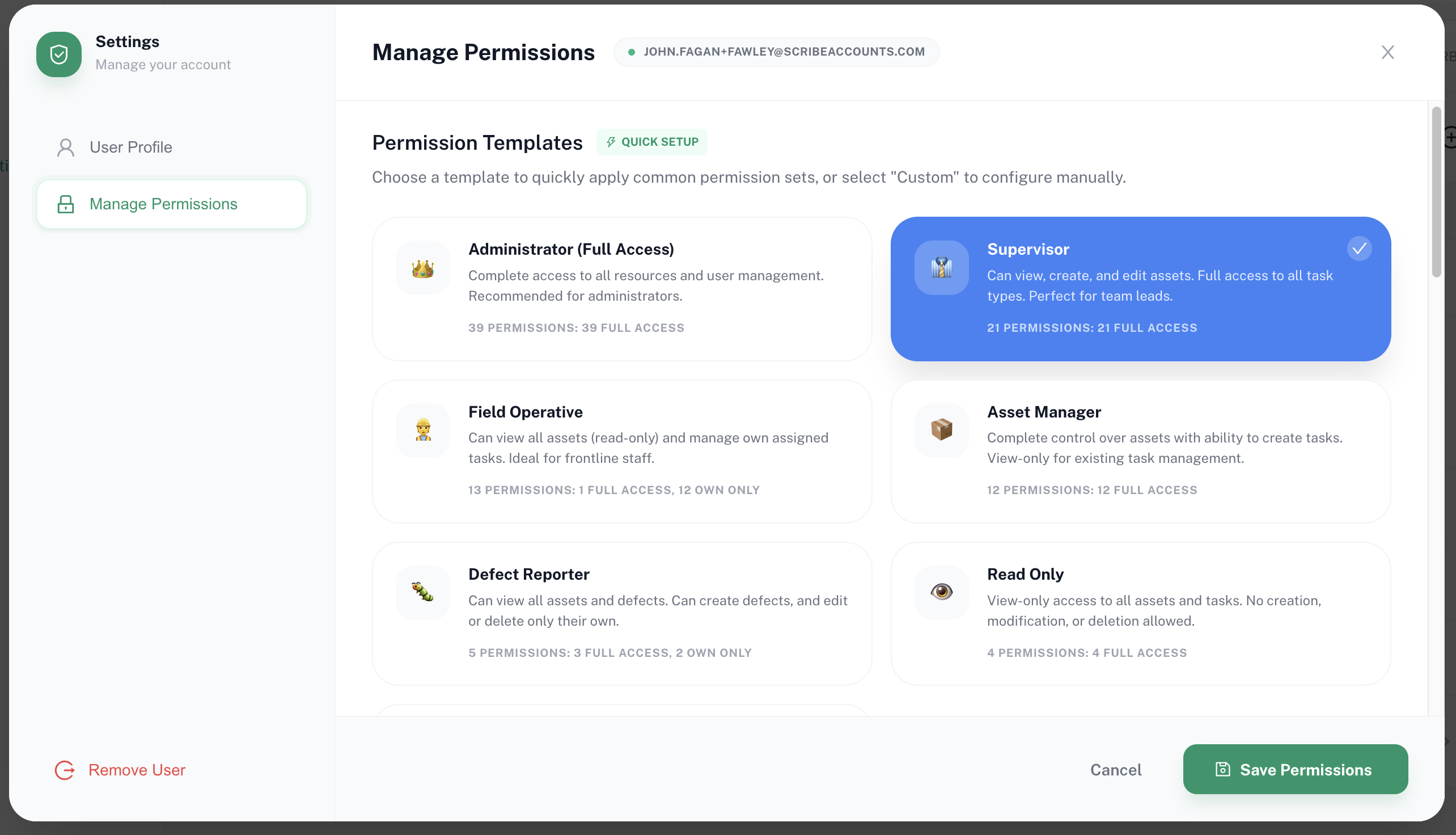 Civic.ly Manage Permissions screen showing role templates: Administrator, Supervisor, Field Operative, Asset Manager, Defect Reporter, and Read Only