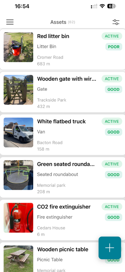 Civic.ly mobile app — asset list view with status indicators
