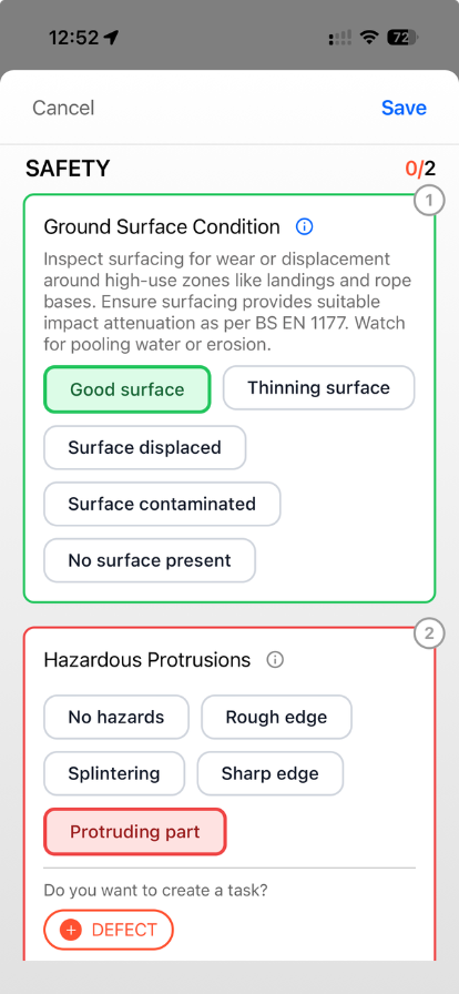 Civic.ly mobile app — inspection checklist with pass/fail items